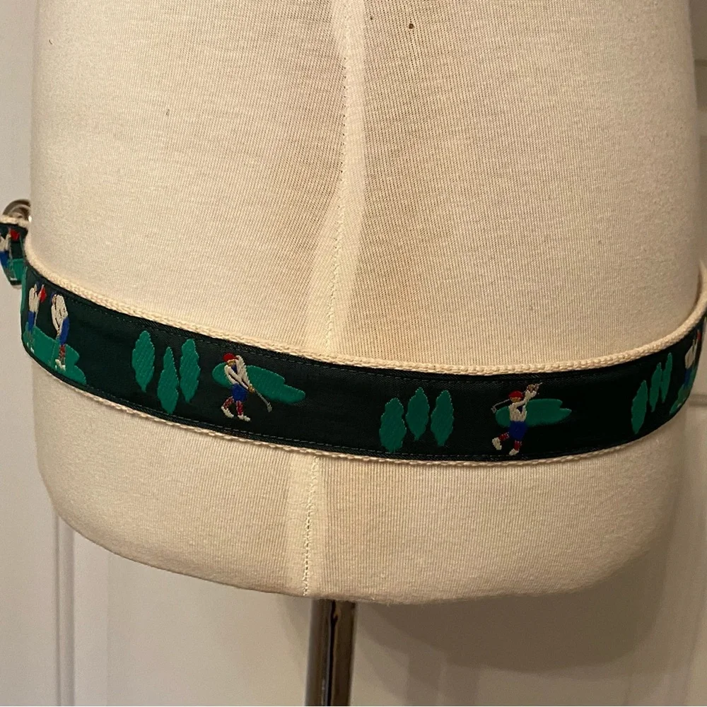 MENS BELT GOLF THEME GREEN CREAM WEBBING SILVER TONE D RINGS SIZE 38